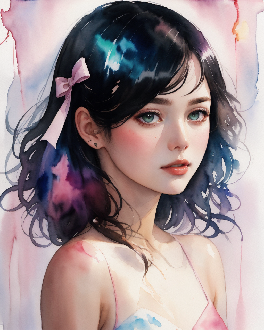 (8k, best quality, masterpiece:1.2),(best quality:1.0), (ultra highres:1.0), watercolor, a beautiful woman, shoulder, hair...